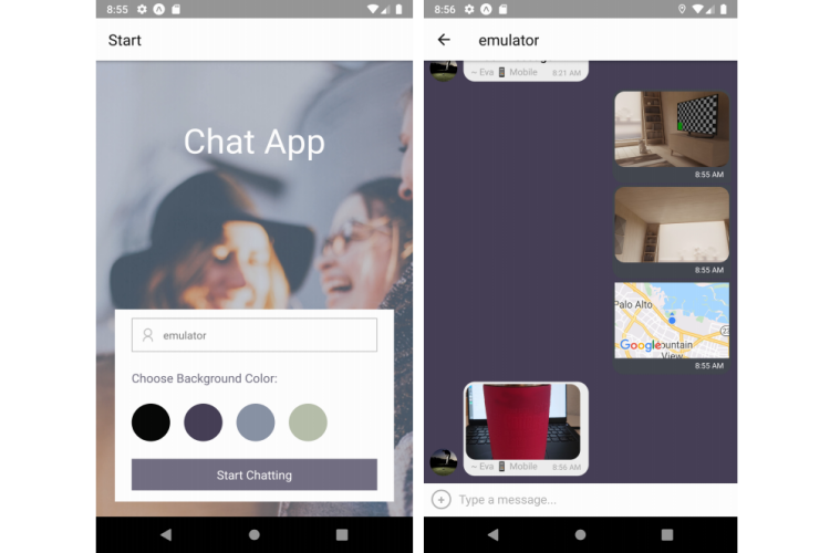 screenshots of chatapp start and chat screens
