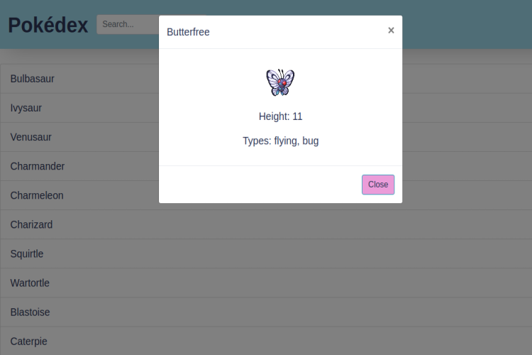screenshot of pokedex list with open modal